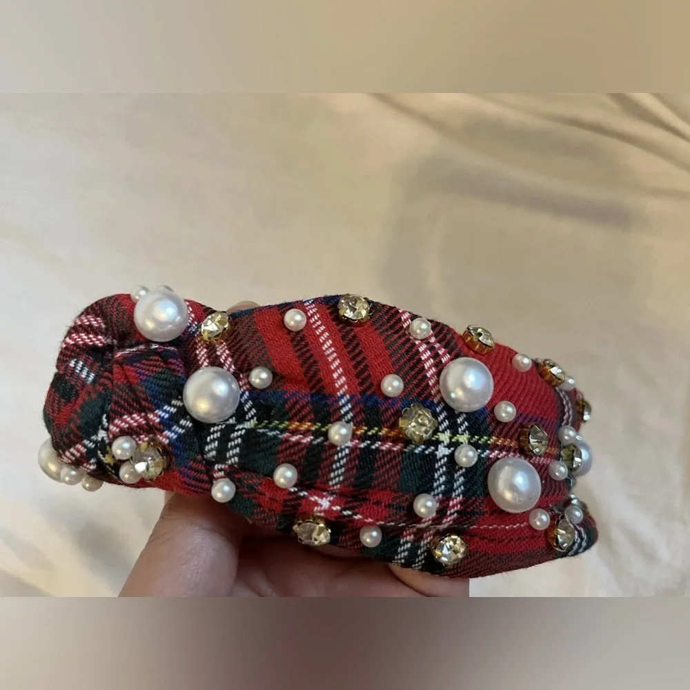 Plaid Red Headband with Faux Pearls & Rhinestones – Preppy & Chic